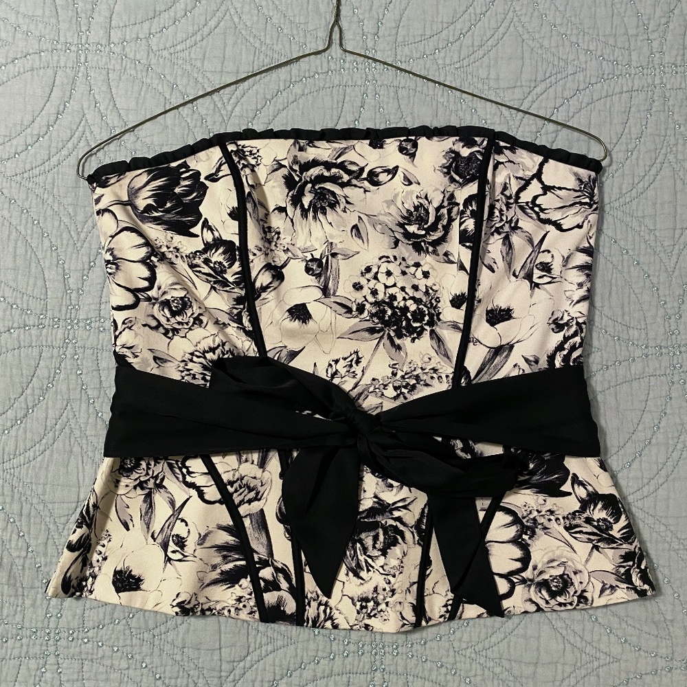 White House Black Market - white corset with black roses and black sash
